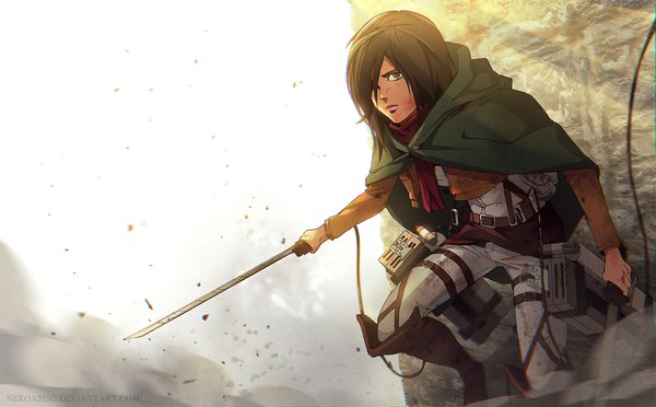 Anime picture 1300x807 with shingeki no kyojin production i.g mikasa ackerman jurikoi single fringe short hair brown hair wide image holding looking away sunlight hair over one eye serious dual wielding girl uniform weapon boots belt