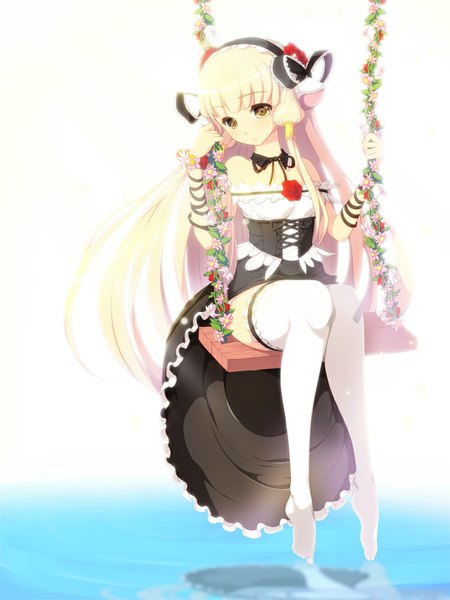 Anime picture 750x1000 with chobits chii koflif single long hair tall image looking at viewer blonde hair sitting yellow eyes girl thighhighs dress flower (flowers) white thighhighs hairband swing