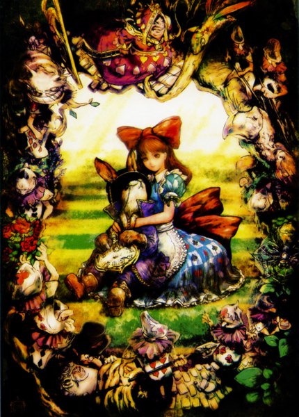Anime picture 2058x2874 with alice in wonderland pixiv girls collection 2010 alice (wonderland) white rabbit mad hatter long hair tall image highres brown hair hug framed flower (flowers) bow plant (plants) hair bow hat tree (trees) glasses sweets rose (roses)