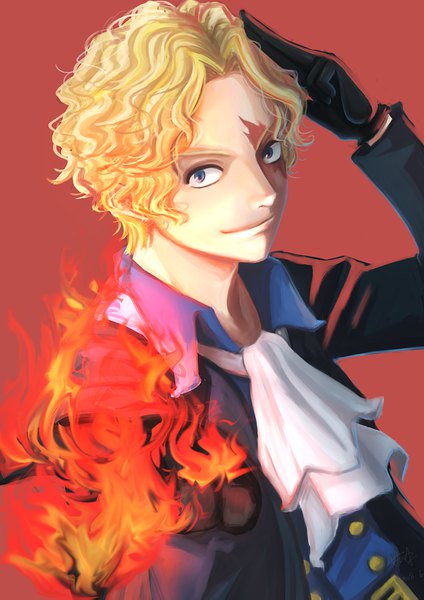 Anime picture 1100x1555 with one piece toei animation sabo (one piece) yan xiao qi single tall image looking at viewer short hair blue eyes blonde hair simple background upper body arm up light smile scar red background salute boy gloves black gloves