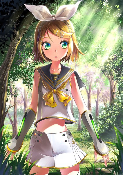Anime picture 1240x1754 with vocaloid kagamine rin kagamine rin (vocaloid4) myungsoo lim single tall image blush fringe short hair open mouth payot looking away aqua eyes sunlight bare belly :o sleeveless surprised girl gloves
