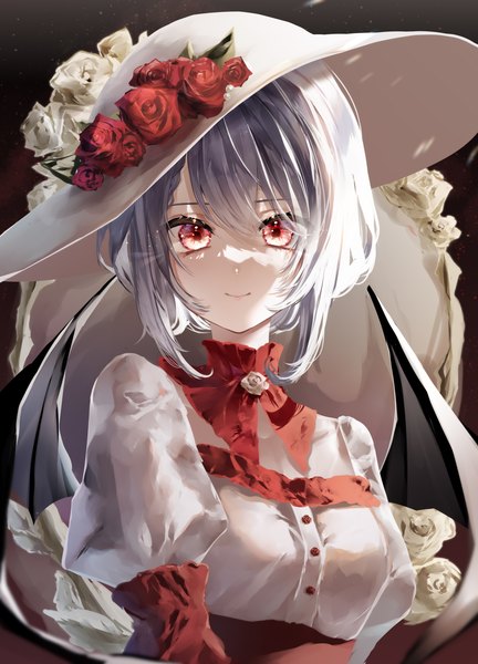 Anime picture 2508x3481 with touhou remilia scarlet yukia (yukia 777) single tall image looking at viewer fringe highres short hair smile hair between eyes red eyes silver hair upper body puffy sleeves light bat wings girl flower (flowers) hat