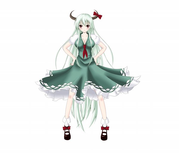 Anime picture 1500x1285 with touhou kamishirasawa keine ex-keine gmot single long hair blush simple background red eyes white background horn (horns) green hair girl dress bow