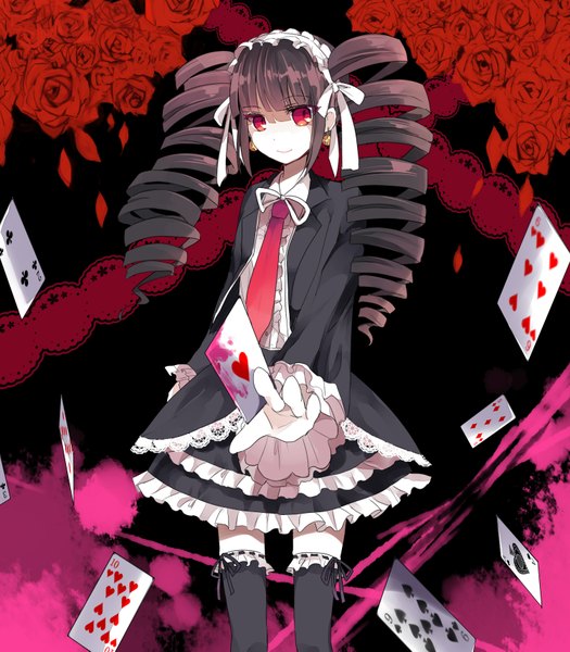 Anime picture 1500x1713 with dangan ronpa celestia ludenberg hachimitsu ame (phoenix) single long hair tall image black hair red eyes twintails light smile zettai ryouiki drill hair girl thighhighs skirt black thighhighs petals necktie frills headdress