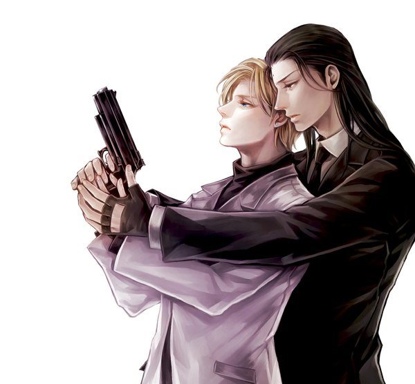 Anime picture 1000x927 with final fantasy vii tseng rufus shinra ttr (artist) long hair short hair blue eyes black hair blonde hair simple background white background brown eyes profile mole multiple boys holding hands boy gloves weapon earrings