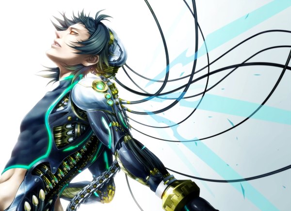 Anime picture 1280x930 with original ujuju single short hair simple background white background blue hair profile orange eyes boy wire (wires) cyborg