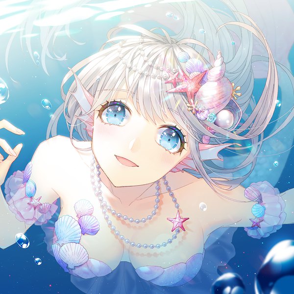 Anime picture 900x900 with original ribbonari single long hair looking at viewer blush fringe breasts open mouth smile bare shoulders silver hair parted lips :d aqua eyes from above underwater monster girl girl hair ornament