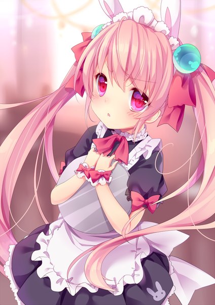 Anime picture 700x990 with original nachi single long hair tall image blush fringe open mouth standing twintails holding animal ears pink hair pink eyes maid bunny ears embarrassed girl dress uniform
