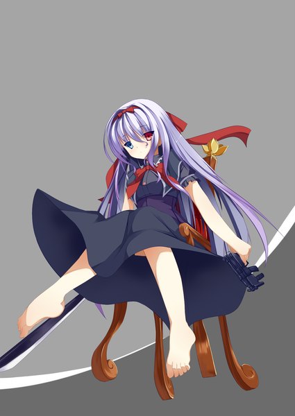 Anime picture 1200x1694 with original karakura0 single long hair tall image sitting purple hair grey background legs heterochromia girl dress bow hair bow sword gun