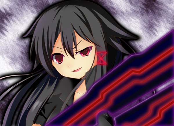 Anime picture 1500x1090 with original akine (kuroyuri) single long hair open mouth black hair red eyes girl weapon sword