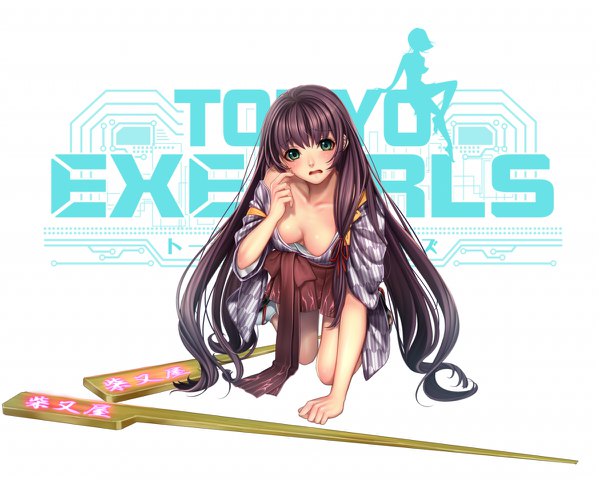 Anime picture 1200x960 with tokyo exe girls masami chie single long hair looking at viewer blush breasts open mouth light erotic white background bare shoulders green eyes purple hair traditional clothes japanese clothes inscription arm support copyright name on all fours girl