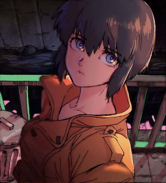 Anime picture 728x803 with ghost in the shell production i.g kusanagi motoko katsuoboshi single tall image fringe short hair blue eyes black hair signed outdoors from above looking up girl jacket garbage can