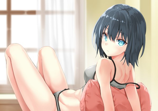 Anime picture 1247x880 with original murata taichi single looking at viewer blush fringe short hair breasts blue eyes light erotic black hair hair between eyes indoors looking back underwear only strap slip reclining muscle abs girl