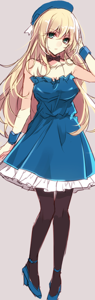 Anime picture 317x1000 with kantai collection atago heavy cruiser aosaki yukina single long hair tall image looking at viewer breasts blue eyes blonde hair simple background bare shoulders high heels alternate costume sleeveless sketch girl dress pantyhose wrist cuffs