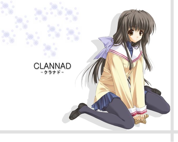 Anime picture 1280x1024 with clannad key (studio) ibuki fuuko suzuhira hiro single long hair looking at viewer fringe brown hair sitting brown eyes inscription copyright name wariza yellow background girl uniform ribbon (ribbons) hair ribbon school uniform