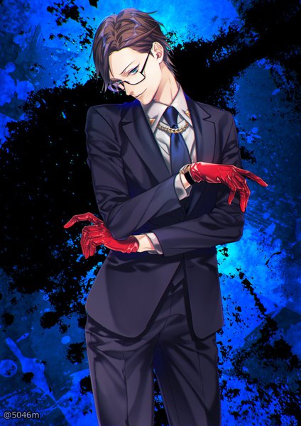 Anime picture 700x990 with hypnosis mic iruma juuto 5046m single tall image short hair blue eyes brown hair standing signed head tilt twitter username boy gloves shirt glasses necktie suit clock red gloves