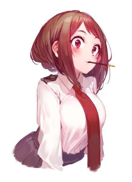 Anime picture 900x1238 with boku no hero academia studio bones uraraka ochako ryota (ry o ta) single tall image blush short hair simple background red eyes brown hair white background holding looking away upper body mouth hold pocky day girl uniform school uniform