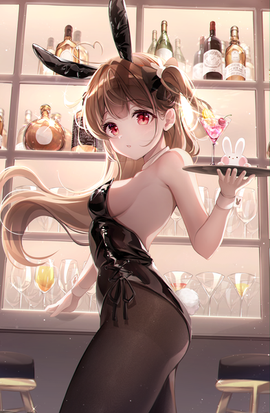 Anime picture 3190x4869 with original hyeya single long hair tall image looking at viewer fringe highres breasts light erotic red eyes brown hair standing holding animal ears absurdres ahoge tail blunt bangs parted lips