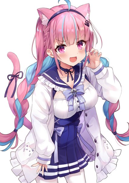 Anime picture 2507x3541 with virtual youtuber hololive minato aqua minato aqua (sailor) retsuto single long hair tall image looking at viewer blush fringe highres breasts open mouth simple background smile large breasts standing white background animal ears