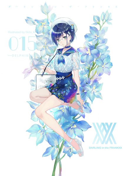 Anime picture 1397x1972 with darling in the franxx studio trigger ichigo (darling in the franxx) ekita xuan single tall image looking at viewer blush fringe short hair blue eyes simple background white background blue hair full body copyright name sailor collar bespectacled girl dress