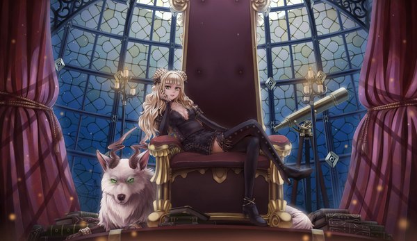 Anime picture 2000x1158 with original sunimu long hair looking at viewer fringe highres breasts blonde hair wide image large breasts sitting green eyes cleavage tail long sleeves horn (horns) puffy sleeves girl dress bow