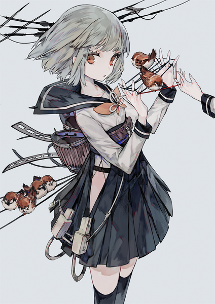 Anime picture 700x990 with original mo (mocopo) tall image looking at viewer fringe short hair simple background red eyes blunt bangs grey hair grey background solo focus girl thighhighs uniform black thighhighs animal serafuku bird (birds) sparrow