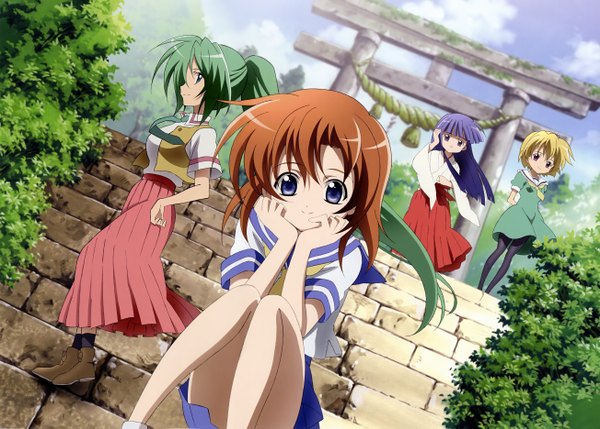 Anime picture 5215x3737 with higurashi no naku koro ni studio deen ryuuguu rena furude rika sonozaki mion houjou satoko morimoto hirofumi long hair looking at viewer highres short hair breasts blue eyes blonde hair smile brown hair sitting multiple girls purple hair ponytail