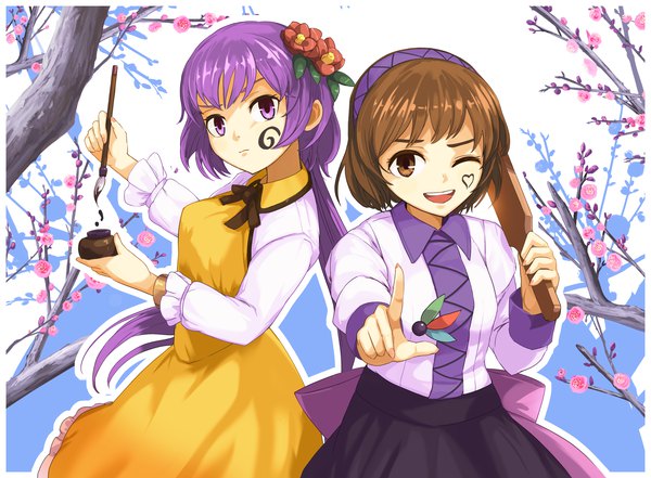 Anime picture 3244x2389 with touhou tsukumo benben tsukumo yatsuhashi azumi (madogiwa bocchi seki) long hair looking at viewer fringe highres short hair open mouth smile brown hair purple eyes multiple girls brown eyes absurdres purple hair long sleeves one eye closed hair flower