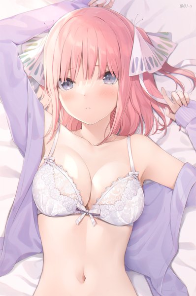 Anime picture 700x1056 with go-toubun no hanayome nakano nino 6u (eternal land) single tall image looking at viewer blush fringe short hair breasts light erotic large breasts purple eyes pink hair cleavage lying blunt bangs open clothes arms up on back