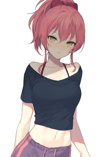 Anime picture 601x900 with idolmaster idolmaster cinderella girls jougasaki mika silltare single tall image looking at viewer blush fringe short hair breasts simple background hair between eyes white background bare shoulders yellow eyes pink hair ponytail off shoulder short sleeves