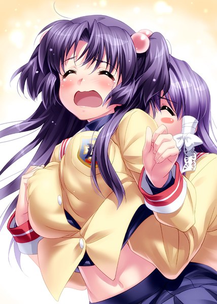 Anime picture 900x1262 with clannad key (studio) fujibayashi kyou ichinose kotomi zen (kamuro) long hair tall image blush fringe breasts open mouth light erotic simple background large breasts standing multiple girls purple hair eyes closed long sleeves two side up