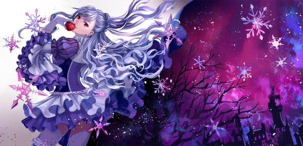 Anime picture 2000x973 with original monogo single long hair looking at viewer highres red eyes wide image silver hair girl thighhighs dress gloves plant (plants) white thighhighs tree (trees) frills white gloves fruit snowflake (snowflakes)
