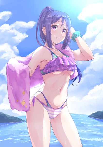 Anime picture 1000x1414 with love live! sunshine!! sunrise (studio) love live! matsuura kanan kanabun single long hair tall image looking at viewer blush fringe breasts light erotic smile purple eyes payot sky purple hair cloud (clouds) ponytail