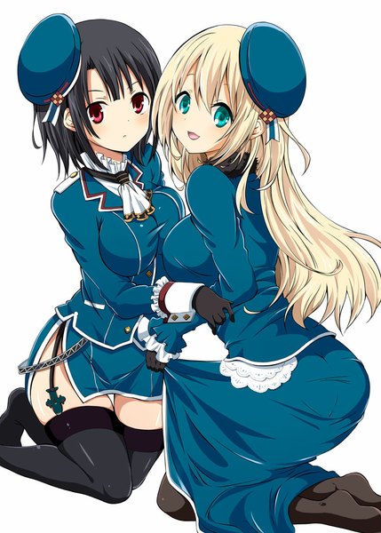 Anime picture 800x1119 with kantai collection atago heavy cruiser takao heavy cruiser ragho no erika long hair tall image looking at viewer blush short hair open mouth black hair simple background blonde hair white background multiple girls girl thighhighs dress black thighhighs 2 girls