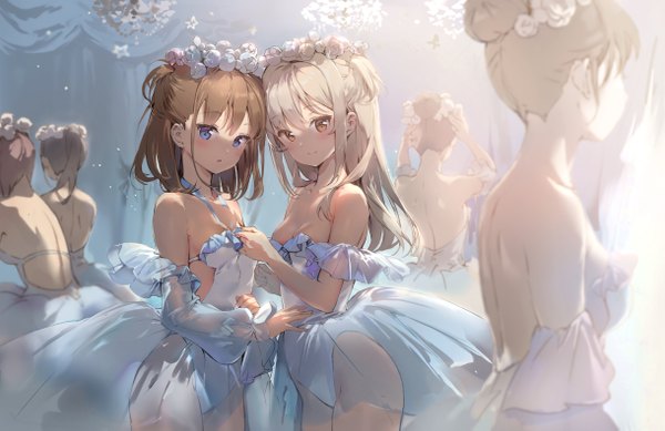 Anime picture 2438x1581 with original anmi long hair looking at viewer blush fringe highres short hair breasts open mouth blue eyes light erotic blonde hair smile brown hair standing multiple girls brown eyes payot cleavage