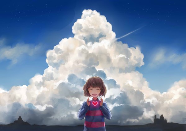 Anime picture 1280x906 with undertale frisk (undertale) stephanie lee single blush fringe short hair open mouth smile brown hair sky cloud (clouds) upper body eyes closed happy androgynous heart sweater