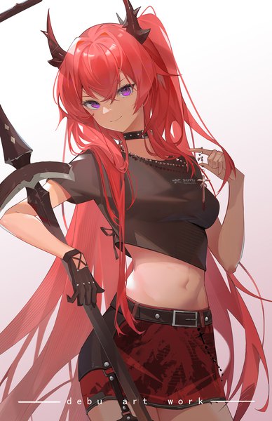 Anime picture 1344x2080 with arknights surtr (arknights) surtr (liberte echec) (arknights) debu xiao huajiang single long hair tall image looking at viewer fringe simple background hair between eyes standing holding signed red hair head tilt horn (horns) midriff gradient background girl