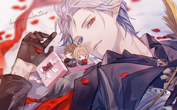 Anime picture 1024x640 with granblue fantasy gita (granblue fantasy) gran (granblue fantasy) grimnir rilmok single looking at viewer short hair silver hair lying pointy ears on back heterochromia valentine boy gloves petals black gloves gift gift box