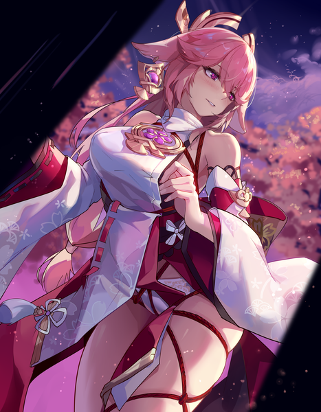 Anime picture 4960x6378 with genshin impact yae miko zombie-andy single long hair tall image blush fringe highres breasts light erotic hair between eyes large breasts standing bare shoulders animal ears pink hair absurdres outdoors traditional clothes