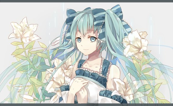 Anime picture 1600x983 with vocaloid hatsune miku fre single long hair looking at viewer wide image twintails bare shoulders aqua eyes aqua hair girl dress flower (flowers) bow hair bow