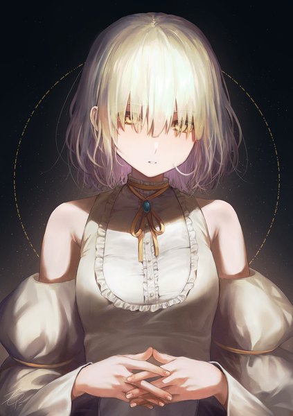 Anime picture 2799x3972 with original toruden single tall image looking at viewer fringe highres short hair simple background blonde hair signed yellow eyes upper body long sleeves parted lips multicolored hair black background colored inner hair interlocked fingers hair over eyes
