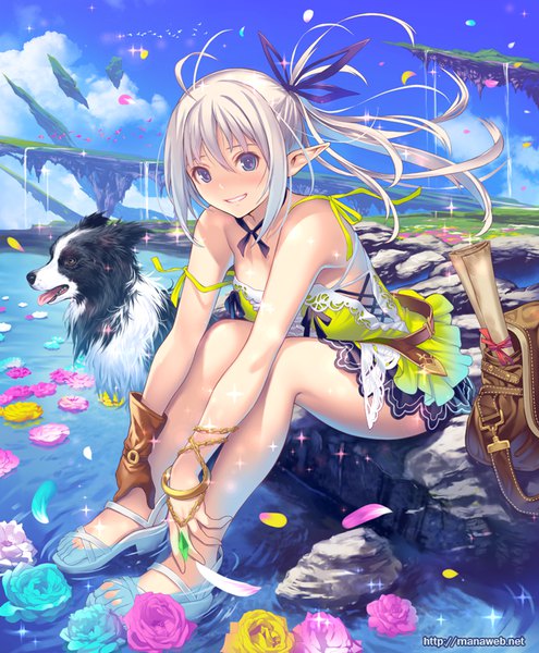 Anime picture 660x800 with original mana kakkowarai single long hair tall image blush fringe blue eyes smile hair between eyes sitting sky cloud (clouds) outdoors white hair ponytail wind pointy ears leaning leaning forward