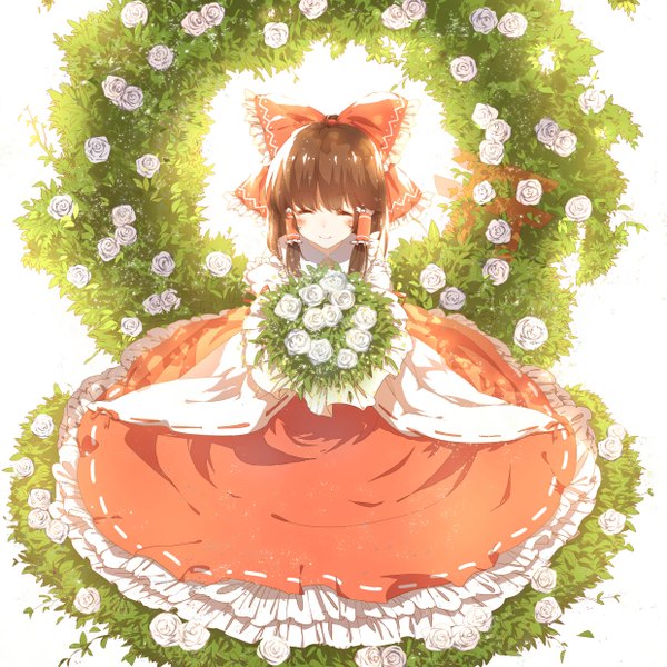Anime picture 2480x2480 with touhou hakurei reimu 3000 xiao chun single blush fringe highres short hair smile sitting holding traditional clothes from above wide sleeves miko frilly skirt girl flower (flowers) bow plant (plants)