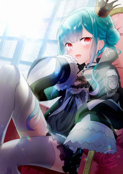 Anime picture 2315x3274 with virtual youtuber hololive uruha rushia uruha rushia (3rd costume) luna (mi-chanman) single long hair tall image looking at viewer blush highres open mouth red eyes sitting signed indoors long sleeves :d aqua hair official alternate costume