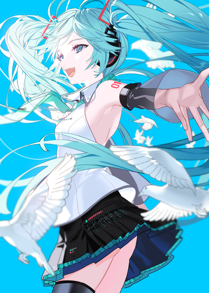 Anime picture 2000x2800 with vocaloid hatsune miku hatsune miku (vocaloid4) mona0101 single tall image highres open mouth light erotic twintails looking away ass very long hair :d aqua eyes aqua hair spread arms girl skirt detached sleeves