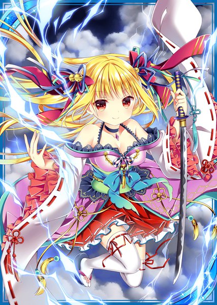 Anime-Bild 640x896 mit shinkai no valkyrie takemikazuchi pooh (pooh piyo) single long hair tall image looking at viewer blush blonde hair smile red eyes twintails bare shoulders holding sky cloud (clouds) full body bent knee (knees) long sleeves traditional clothes