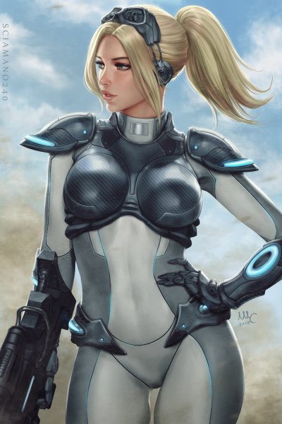 Anime picture 801x1200 with starcraft blizzard entertainment nova (starcraft) sciamano240 single long hair tall image breasts blonde hair standing green eyes signed payot looking away sky cloud (clouds) outdoors ponytail realistic hand on hip