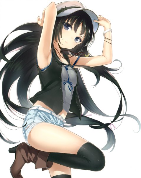 Anime picture 1637x2054 with boku wa tomodachi ga sukunai mikazuki yozora buriki single long hair tall image looking at viewer blue eyes black hair simple background white background scan official art girl thighhighs black thighhighs shoes shorts vest flat cap