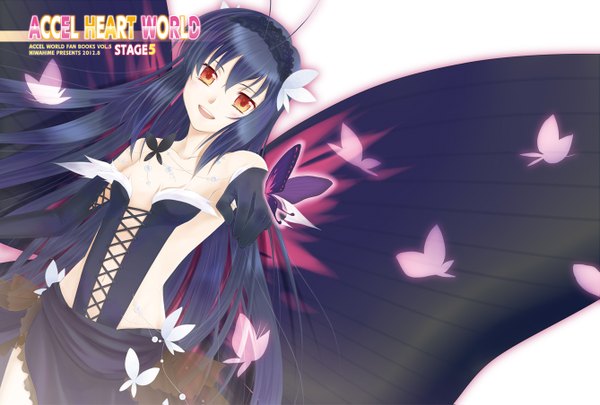 Anime picture 1337x903 with accel world sunrise (studio) kuroyukihime buchiko long hair open mouth black hair red eyes insect wings butterfly wings girl dress gloves elbow gloves hairband insect butterfly