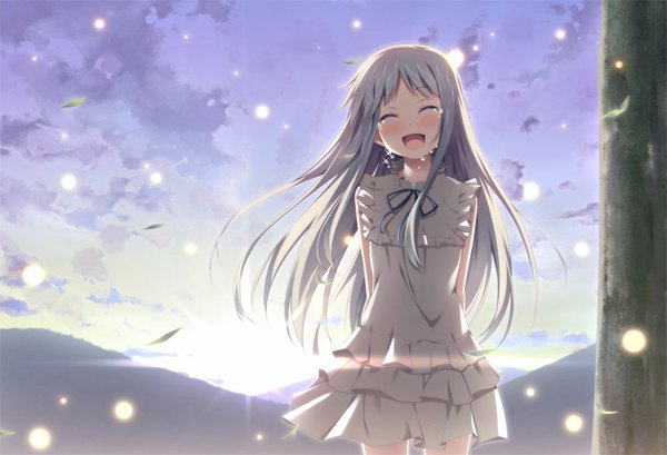 Anime picture 1000x683 with ano hi mita hana no namae wo bokutachi wa mada shiranai a-1 pictures honma meiko hitoguchi (hioxhio) single long hair blush open mouth cloud (clouds) white hair eyes closed tears girl sundress